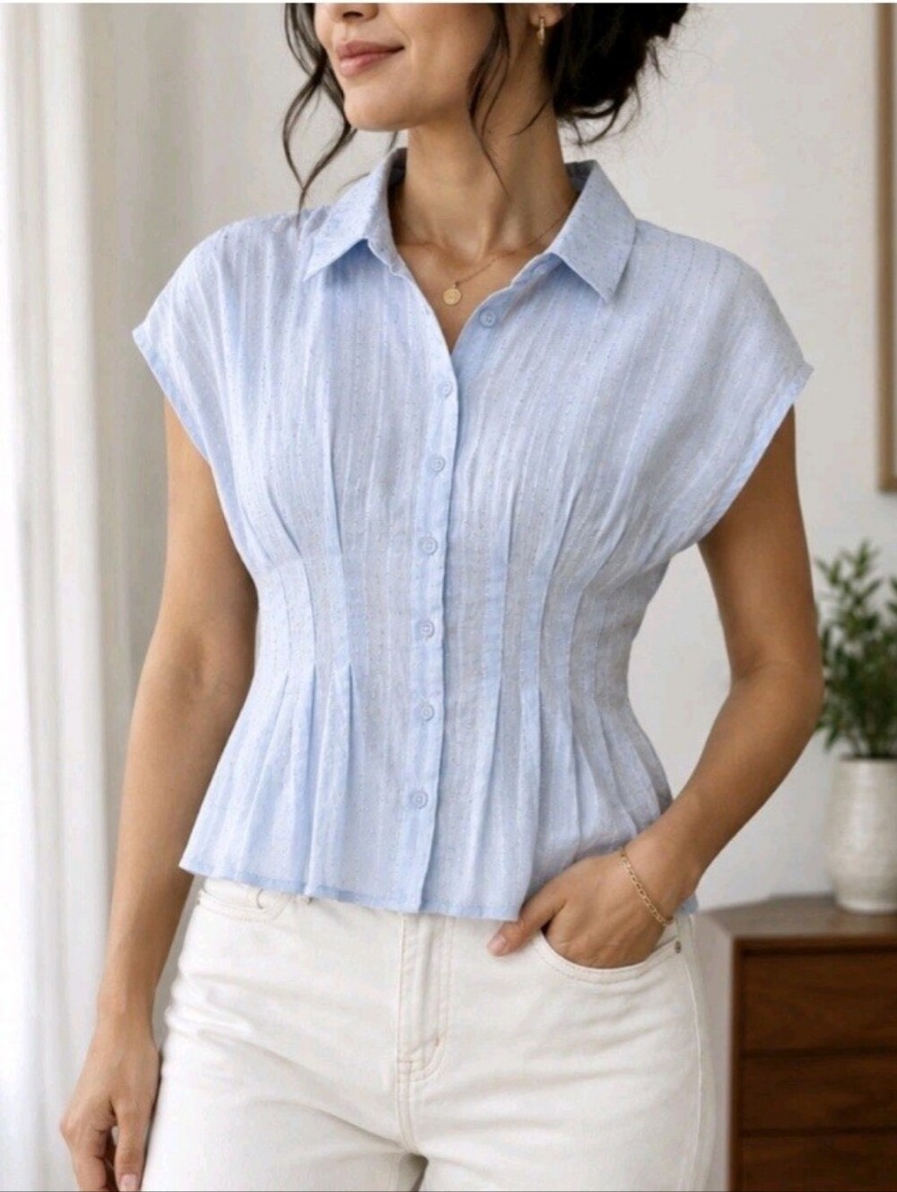 Modern Works Cap Sleeve Striped Pintuck Beaded Blouse, L, Blue & White
